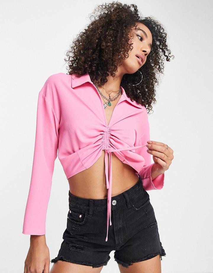 Only Ruched Cropped Shirt In Bright Pink
