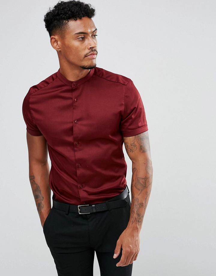 Asos Skinny Sateen Shirt In Burgundy With Grandad Collar - Red