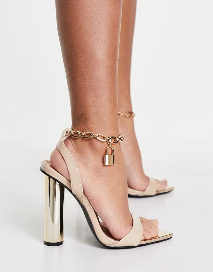 Public Desire Expression Block Heel Sandals With Padlock Detail In Beige-neutral