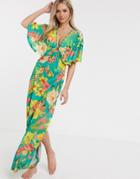 Asos Design Slinky Jersey Beach Maxi Dress With Ring Detail In Oversized Tropical Floral Print-multi