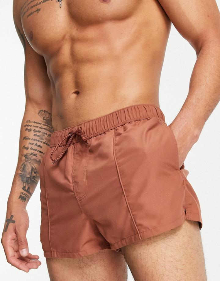 Asos Design Swim Shorts In Brown Super Short Length With Pin Tuck