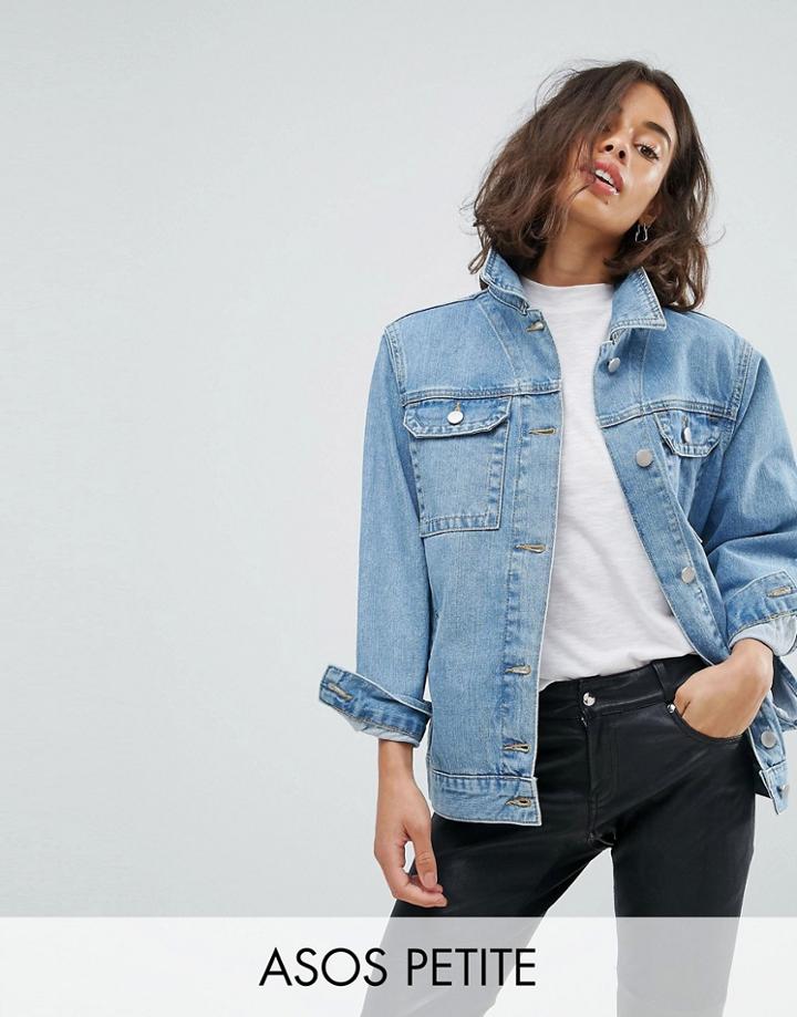 Asos Petite Denim Girlfriend Jacket In Tansy Mid Stonewash Blue - Blue
