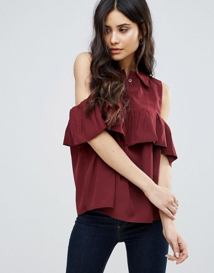 Ax Paris Cold Shoulder Frill Blouse - Red