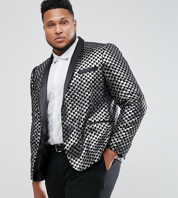 Asos Plus Skinny Blazer In Black Velvet With Silver Sequins - Silver