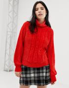Qed London Chenille Chunky Cable Balloon Sleeve Sweater - Red