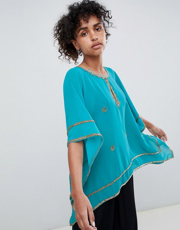 Qed London Embelished Chiffon Top - Blue