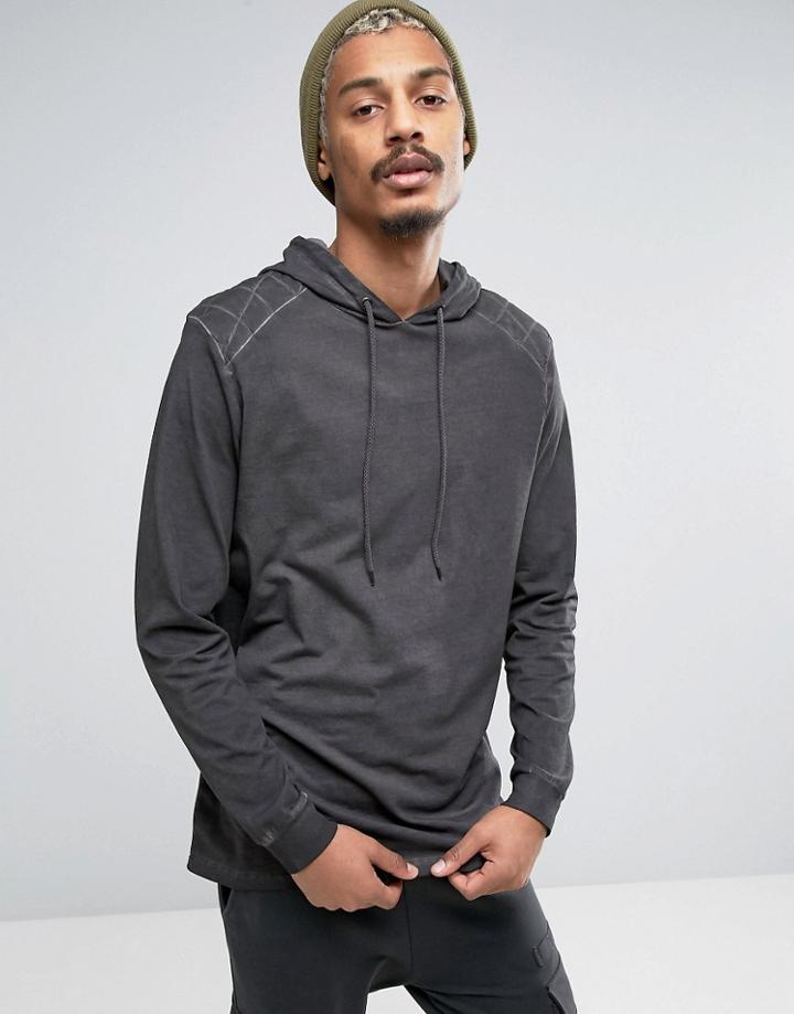 Asos Oversized Long Sleeve T-shirt In Oil Wash With Hood And Quilted P