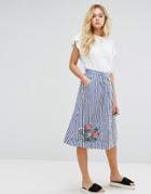 Mango Stripe And Embroidered Skirt - Blue