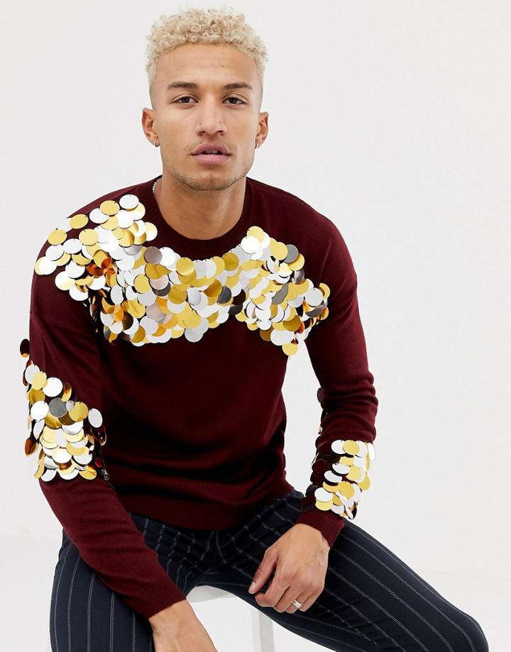 Asos Design Knitted Sequin Sweater In Burgundy - Red