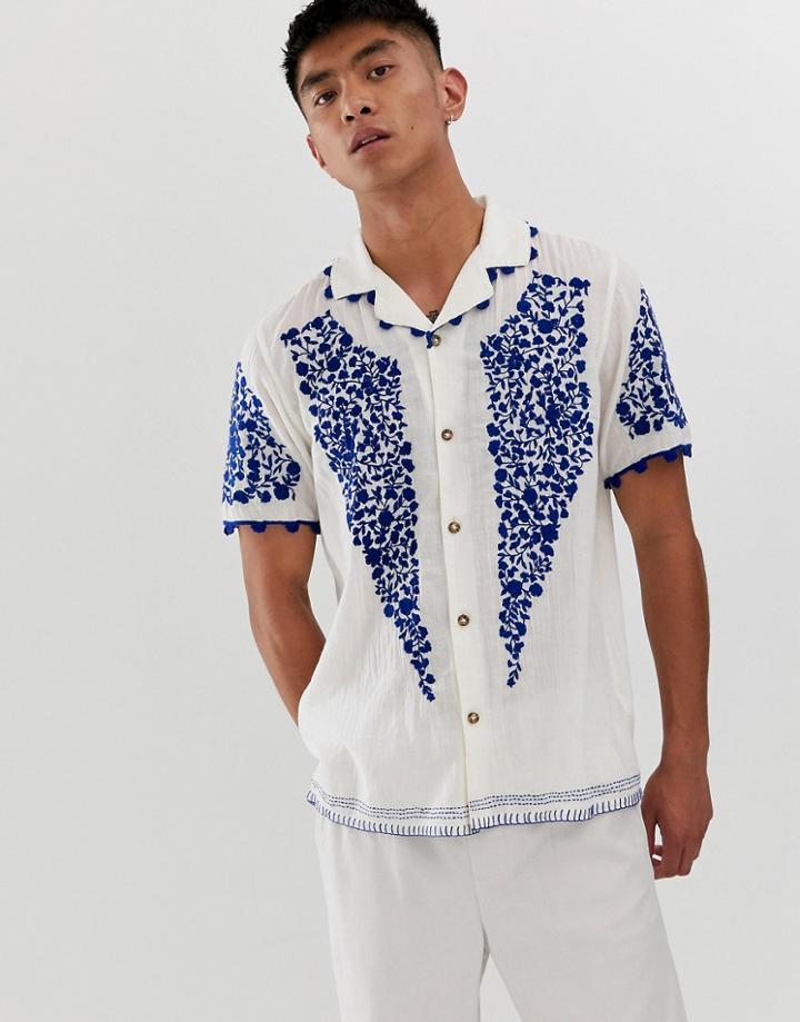 Asos Design Regular Shirt With Blue Embroidery And Stitch Details - White