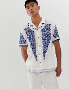 Asos Design Regular Shirt With Blue Embroidery And Stitch Details - White