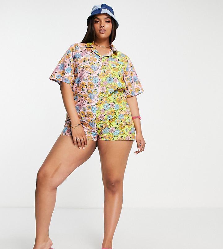 Collusion Plus Mixed Print Floral Camp Collar Romper In Linen-multi
