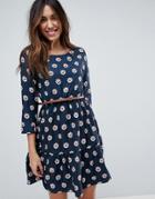 Yumi Long Sleeve Belted Dress In Tulip Heart Print - Navy