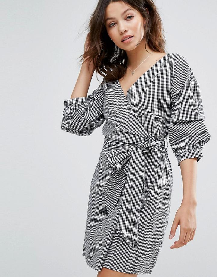 New Look Gingham Ruched Sleeve Wrap Dress - Blue