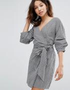 New Look Gingham Ruched Sleeve Wrap Dress - Blue