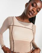 Brave Soul Vivian Lettuce Hem Mesh Top With Exposed Seams In Beige-neutral