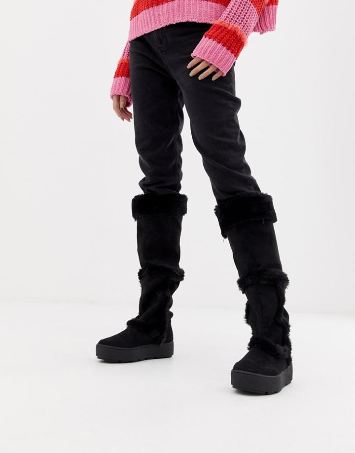 Lost Ink Misty Over The Knee Faux Sheepskin Boot - Black