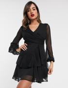 Asos Design Wrap Waist Mini Dress With Double Layer Skirt And Long Sleeve In Black