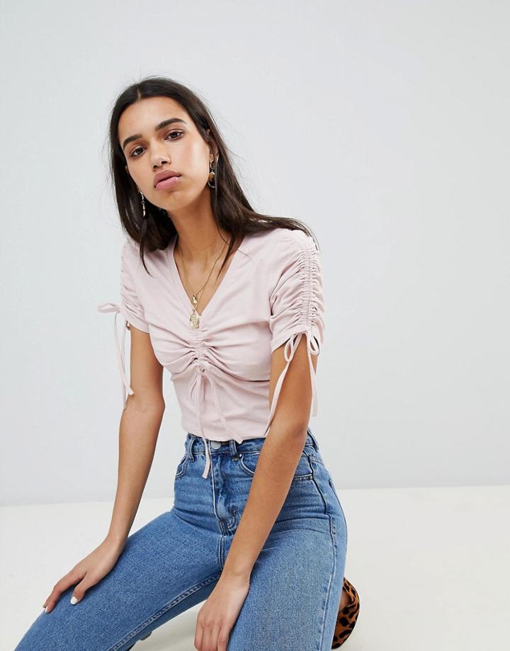 Lost Ink Top With Ruched Ribbon Ties - Pink