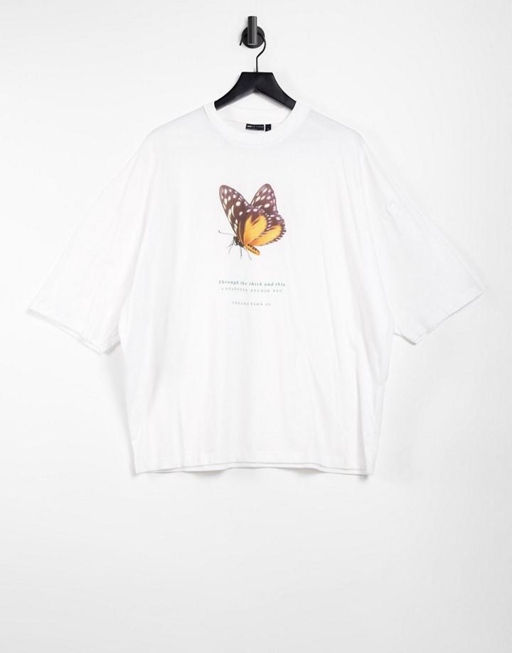Asos Design Oversized T-shirt With Butterfly And Text Print In White