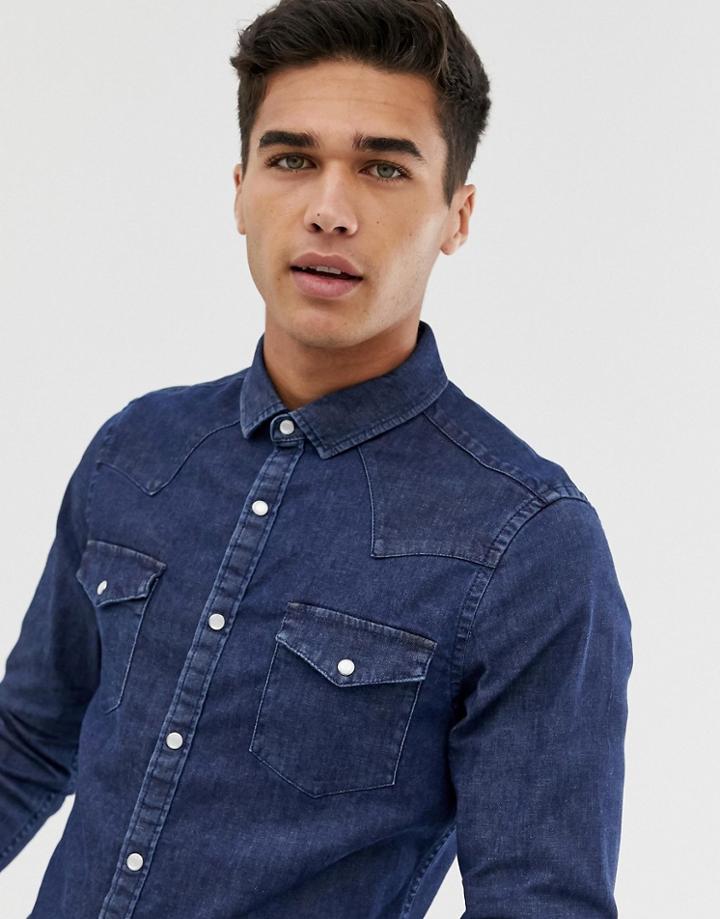 Asos Design Skinny Western Denim Shirt In Rinse Wash - Navy