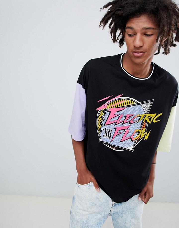 Asos Design Oversized T-shirt With Retro Print And Contrast Half Sleeve - Black