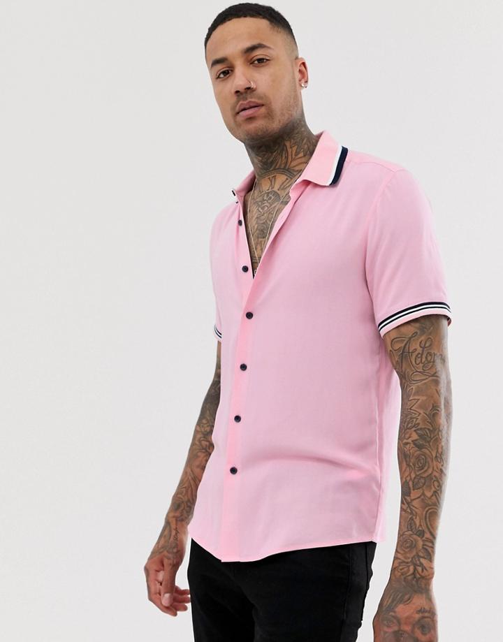 Asos Design Oversized Viscose Shirt With Rib Detail In Pink - Pink
