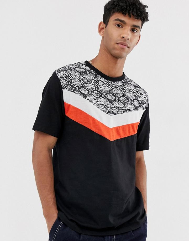 Asos Design Organic Cotton Relaxed T-shirt With Snake Print And Panel Detail - Black