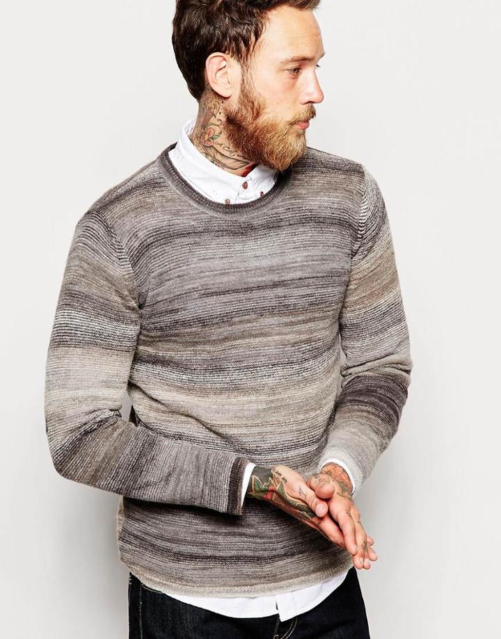 Nudie Crew Sweater Dale Horizontal Slub Stripe - Brown