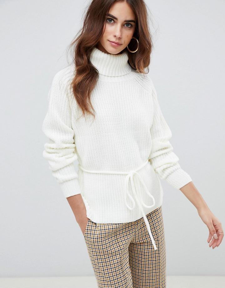 Fashion Union Roll Neck Sweater With Waist Tie - Cream