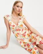 Asos Design Lace Insert Cap Sleeve Midi Tea Dress In Red Floral Print-multi