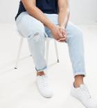 Asos Design Plus Tapered Jeans In Light Wash Blue With Abrasions - Blue