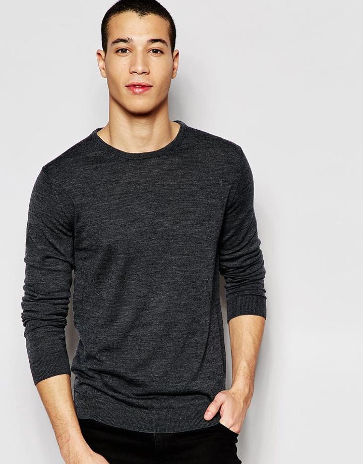 Selected Knitted Crew Neck Sweater In Merino Wool - Mid Gray Melange