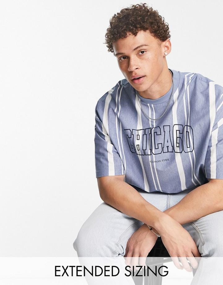 Asos Design Oversized Stripe T-shirt In Light Blue With Chicago Chest Print