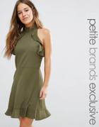 John Zack Petite High Neck Ruffle Detail Mini Dress - Green