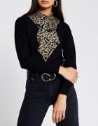 River Island Leopard Pussybow Sweater In Black