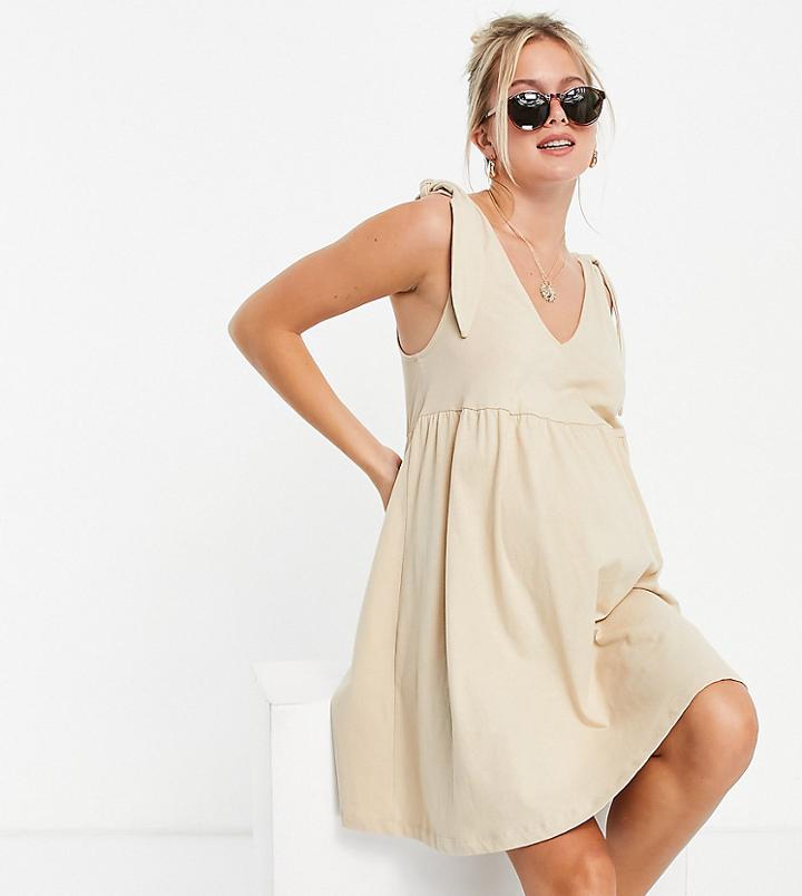 Asos Design Maternity Bunny Tie Shoulder Mini Smock Dress In Sand-brown