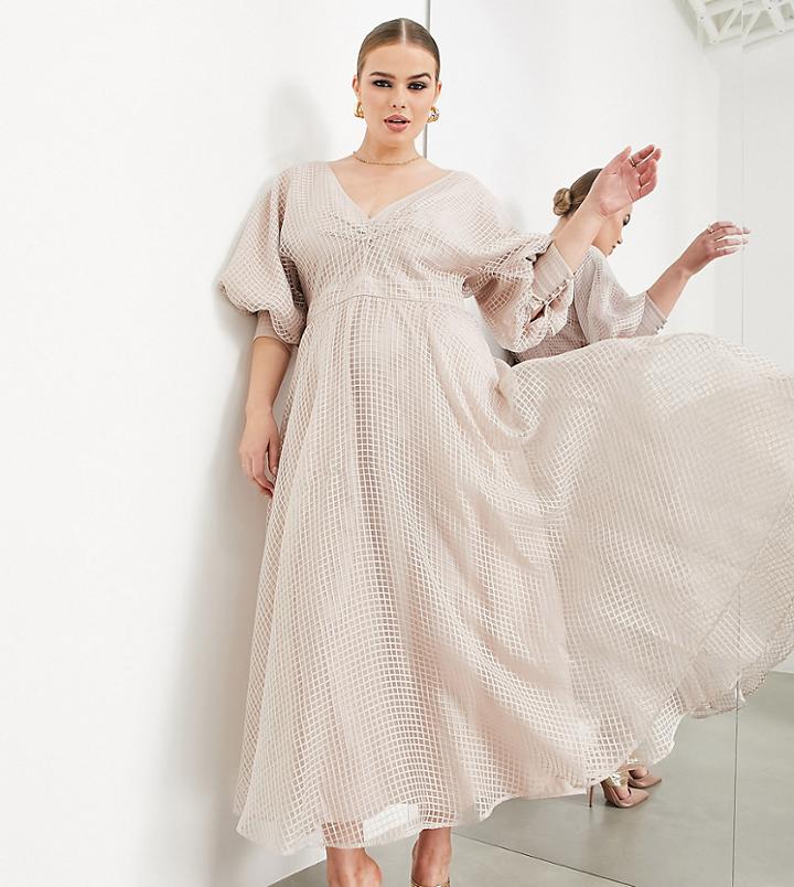 Asos Edition Curve Blouson Sleeve Midi Dress In Organza Check In Blush-pink