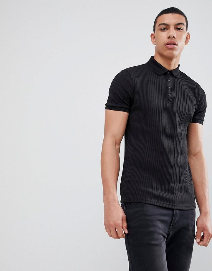 River Island Muscle Fit Rib Polo In Black - Black