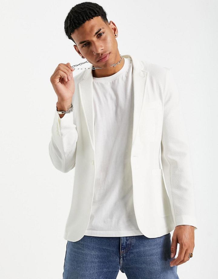 Asos Design Soft Tailored Super Skinny Blazer In White Seersucker