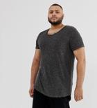 Asos Design Plus Longline T-shirt With Scoop Neck And Curved Hem In Linen - Black