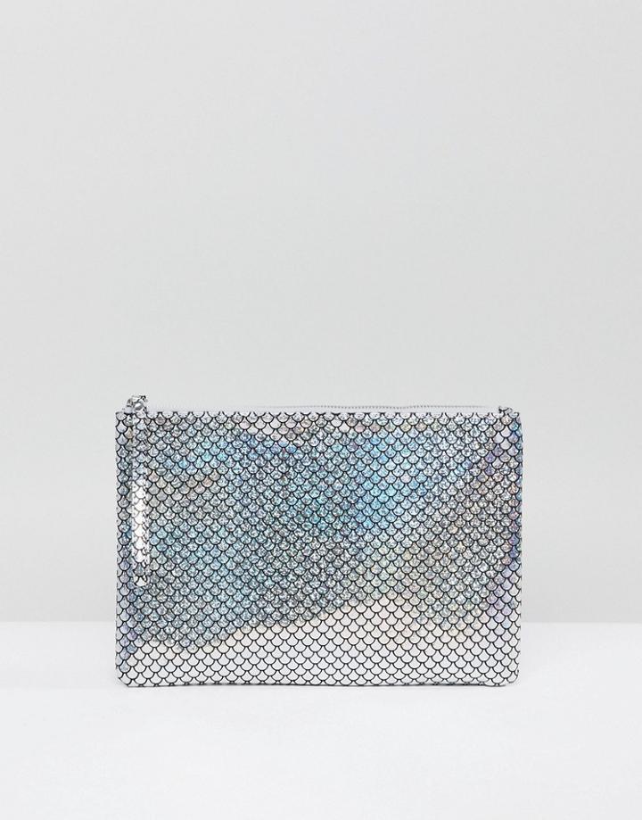 South Beach Silver Holographic Mermaid Zip Top Pouch - Silver