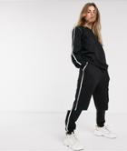 Asos Design Tracksuit Sweatshirt / Basic Sweatpants With Tie With Contrast Binding In Organic Cotton-black