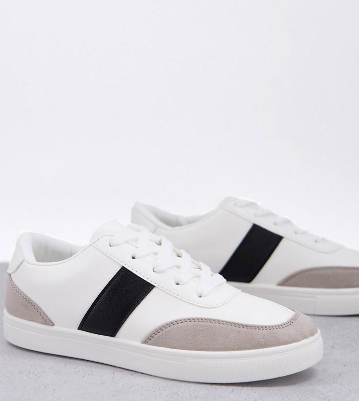 London Rebel Wide Fit Side Stripe Lace Up Sneakers In White With Black-multi