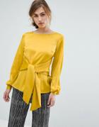 Closet London Satin Blouse With Oversized Tie Front Detail - Yellow