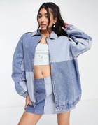 Asos Design Denim Patchwork Bomber Jacket In Blue - Part Of A Set