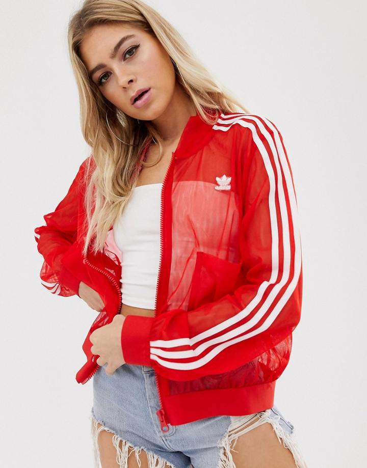 Adidas Sleek Three Stripe Jacket In Red - Red