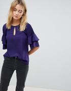 Vila Keyhole Blouse With Tiered Sleeve - Blue