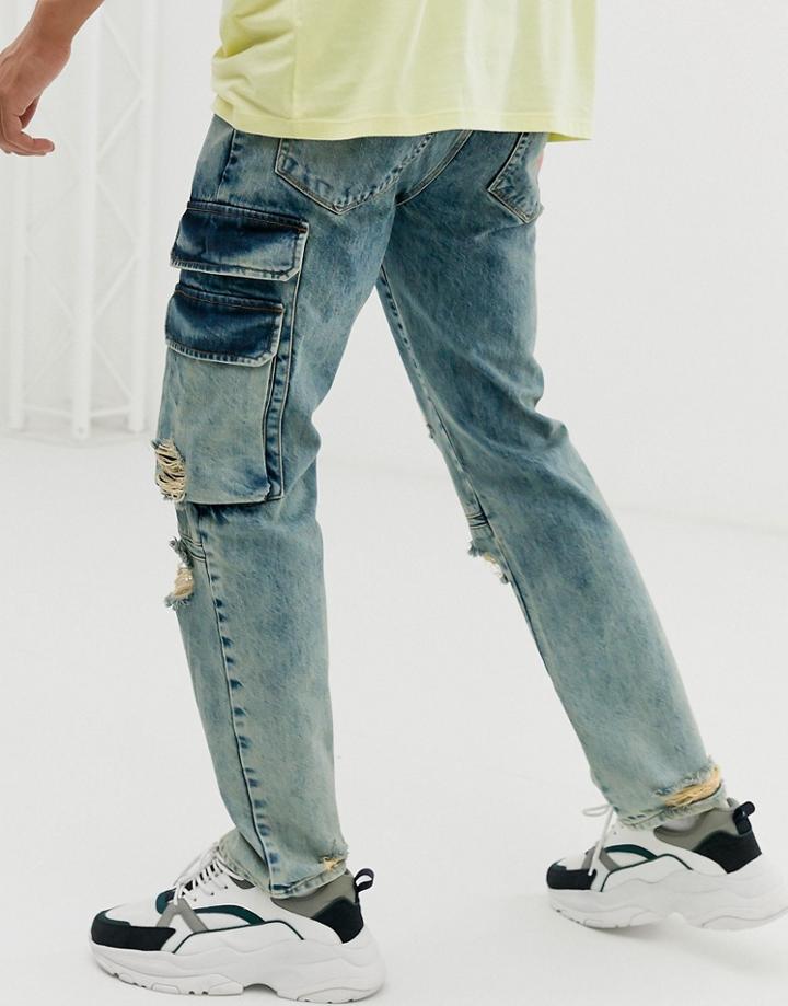 Asos Design Original Fit Jeans In Light Wash Blue With Cargo Pockets And Rips - Blue