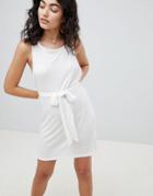 Asos Design Tie Front Step Hem Beach Dress In Waffle Jersey - White